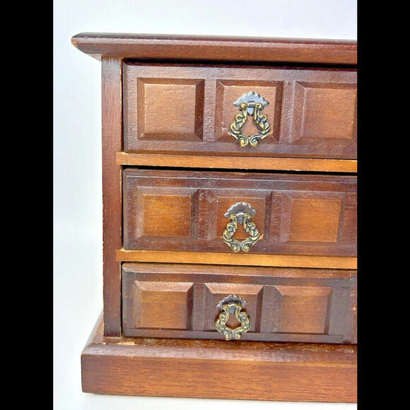 Vintage Brown Wood 4 Drawer Music Jewelry Box Chest Yellow Velvet 7"H x 10.5"L - Picture 4 of 11